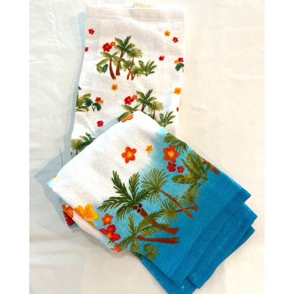 Terry Hand Tea Towels Set Kitchen Summer Tropical Sunset Palm Tree Blue White - Picture 3 of 7